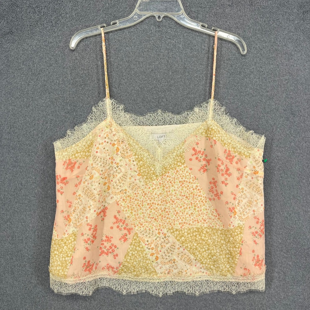 LOFT Camisole Women XL Pink Floral Patchwork Lace Trim V-Neck Boho Cami Top